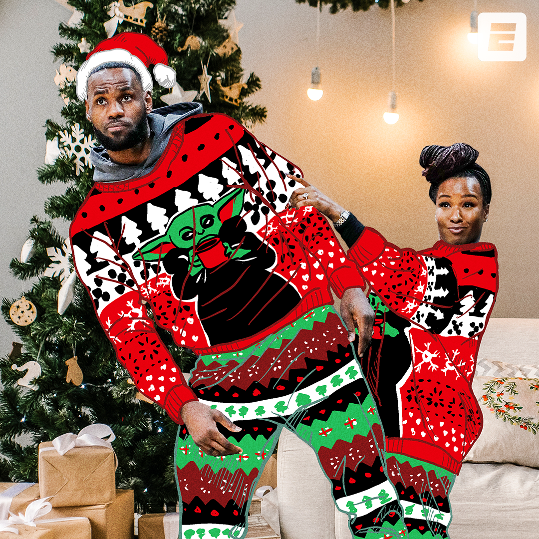 The Jameses in ugly Christmas sweaters; hand-drawn illustration over a photoillustration