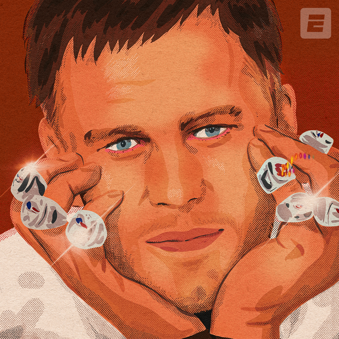 Tom Brady Super Bowl LV illustration, based on the famous photo of Bill Russell showing off his championship rings.  This was one of the top-performing graphics on ESPN platforms following the Buccaneers' victory