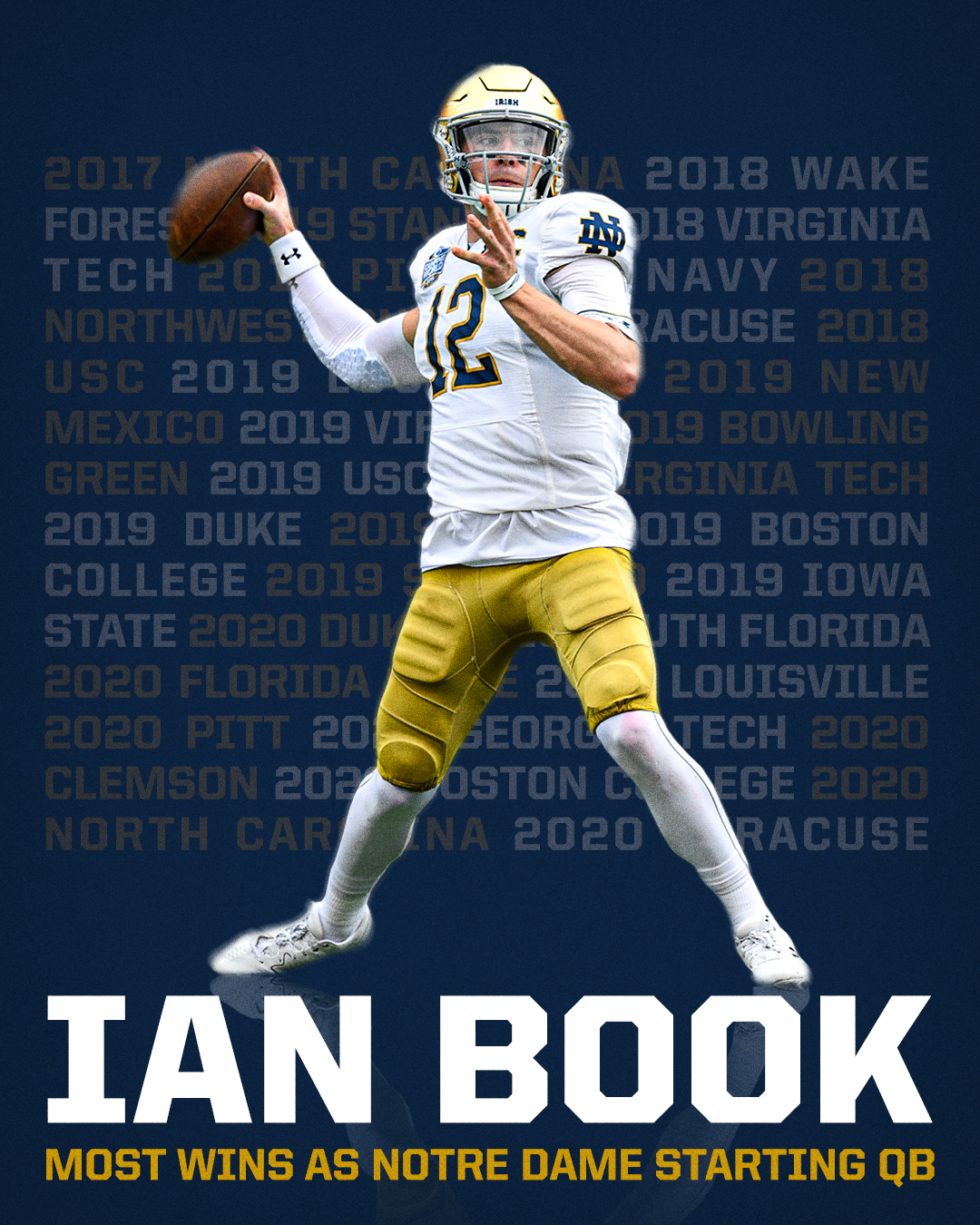 Ian Book graphic celebrating his setting of Notre Dame's starting QB wins record