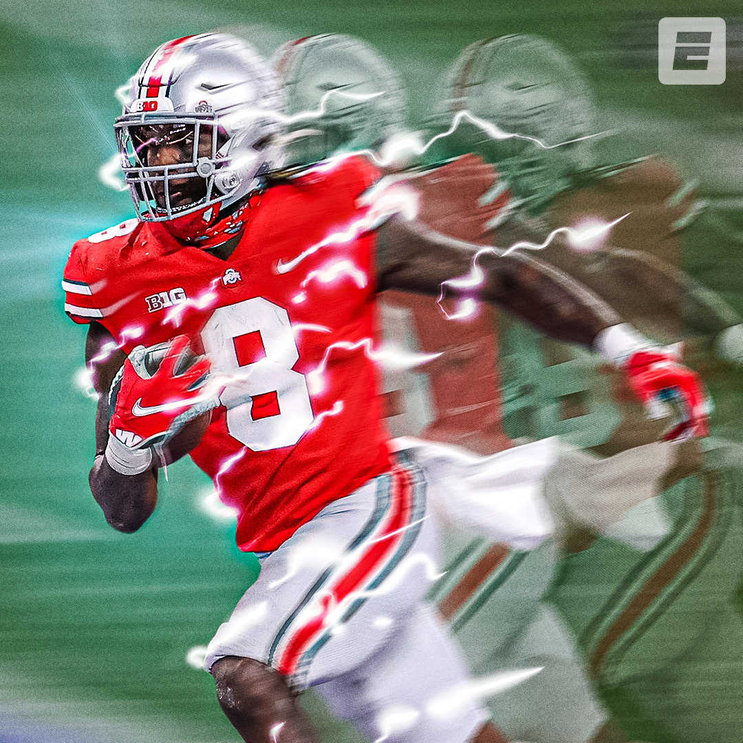 Photoillustration of Ohio State’s Trey Sermon moving at super speed