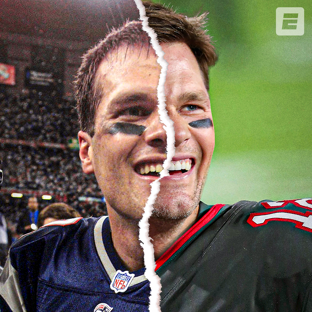 Tom Brady then and now; this was the top performing graphic on ESPN social platforms the night of Super Bowl LV