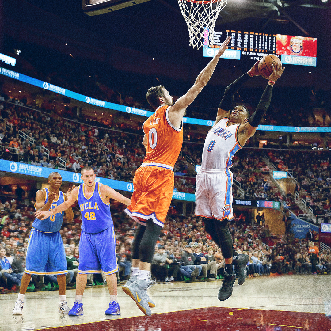 "Then-and-now" photoillustration featuring college age and NBA Kevin Love and Russell Westbrook