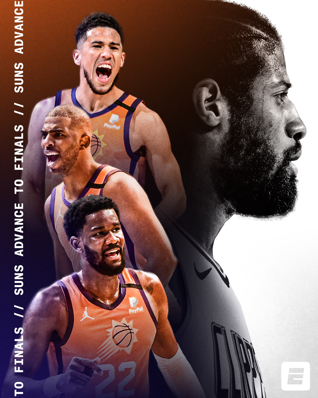 Photoillustration of the 2021 Phoenix Suns' series victory over Paul George and the Clippers