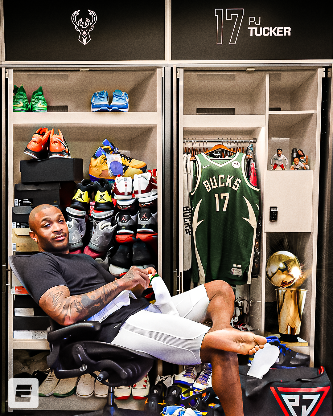 Photoillustration of PJ Tucker and his epic sneaker collection
