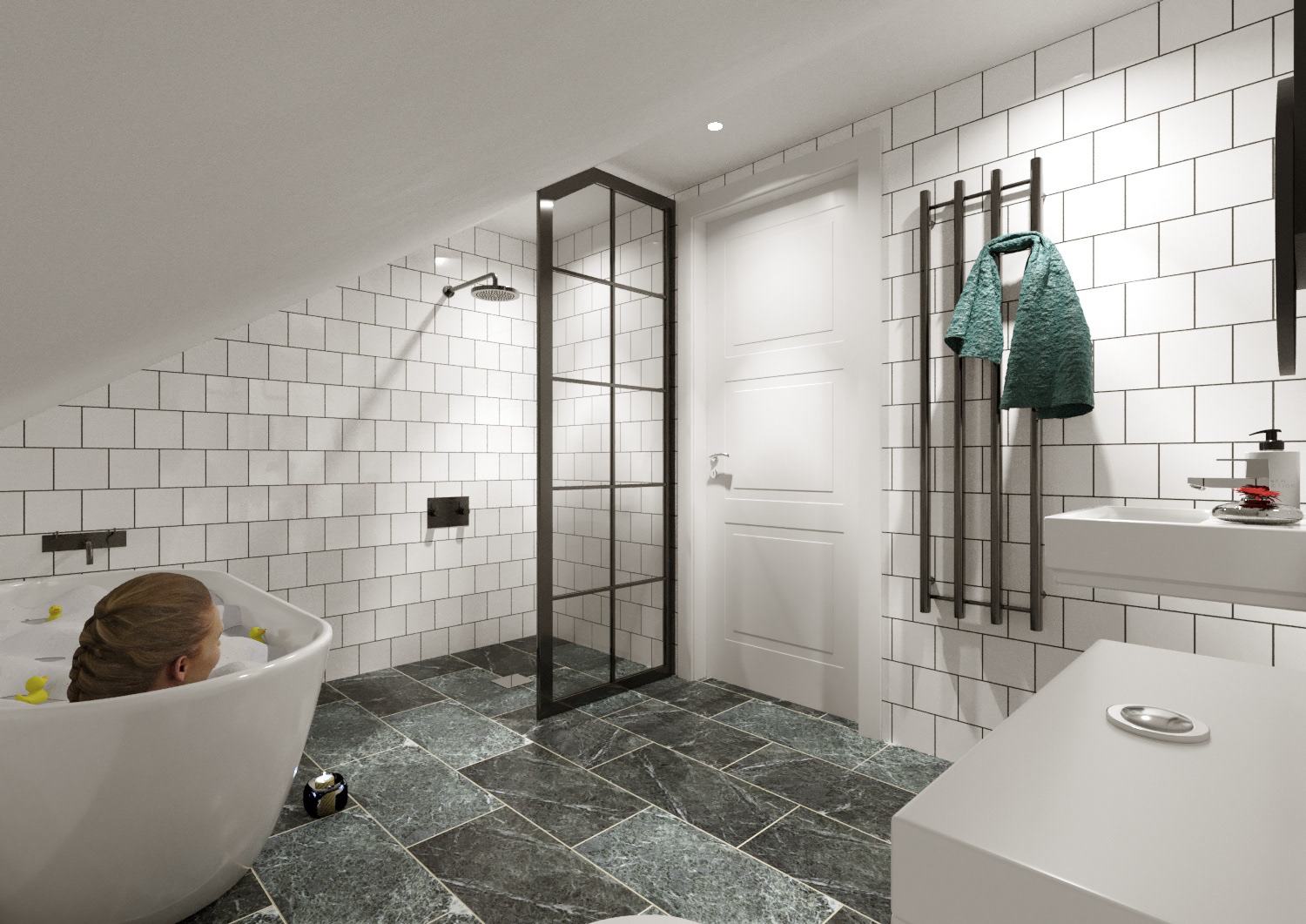 Green marble floor and white ceramic wall tiles