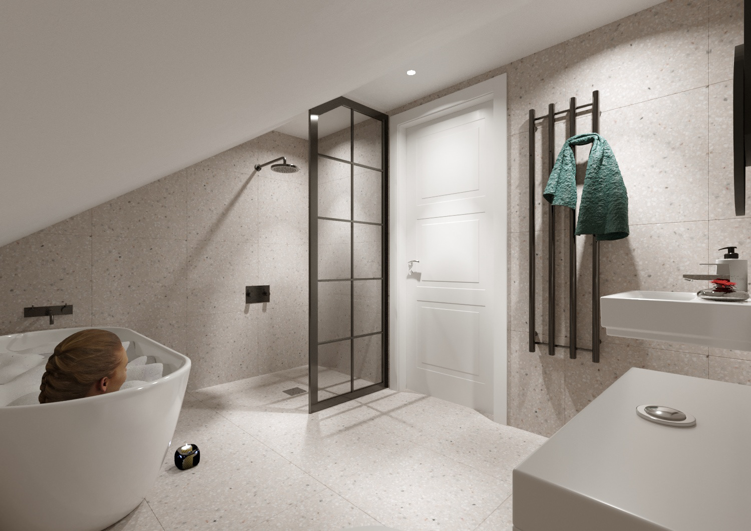 Light grey ceramic tiles floor & ceiling