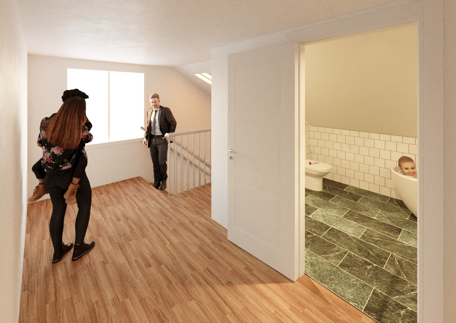 Option with tighter bathroom but more space around the staircase