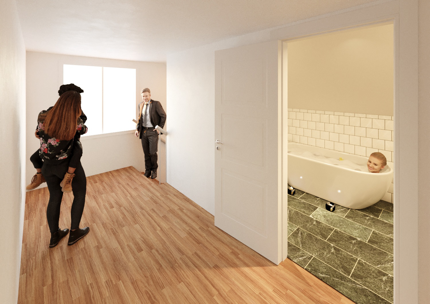 Option with extended bathroom but confined staircase