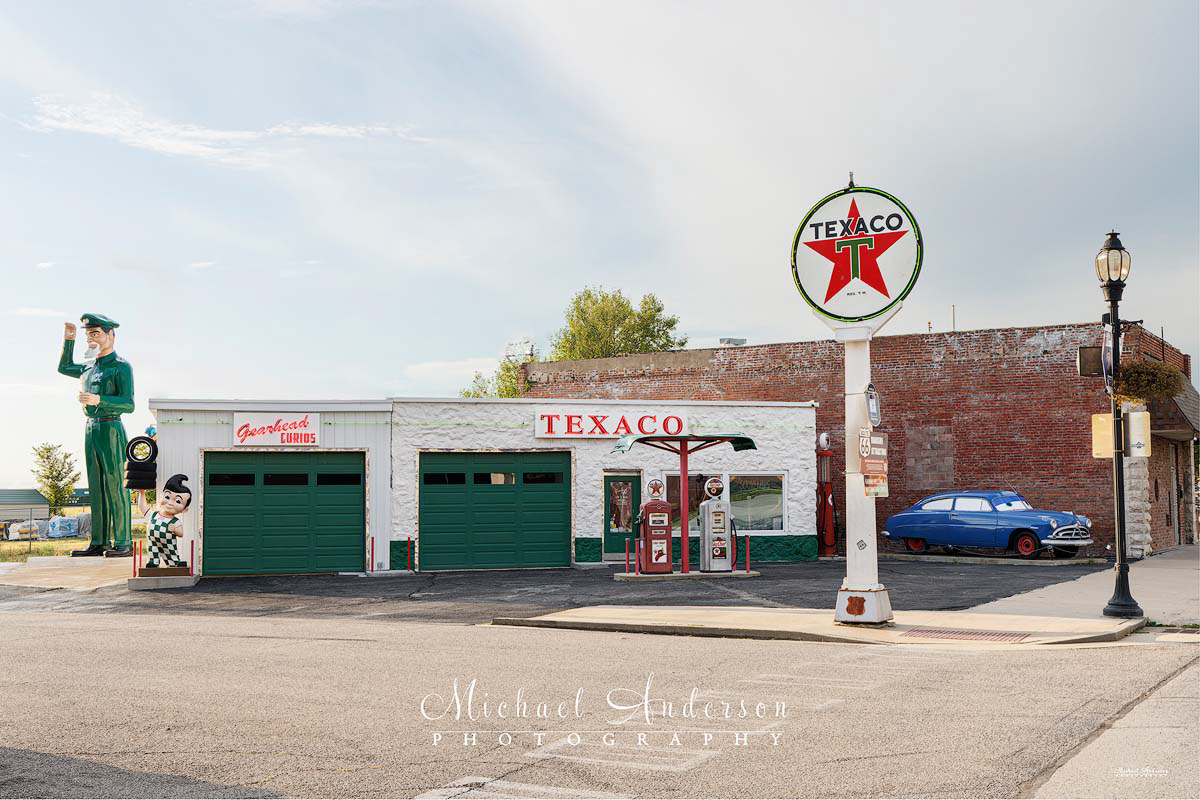 This is the setup photo, prior to light painting "Gearhead Curios" and the Vintage Texaco Station on Route 66 in Galena, Kansas.