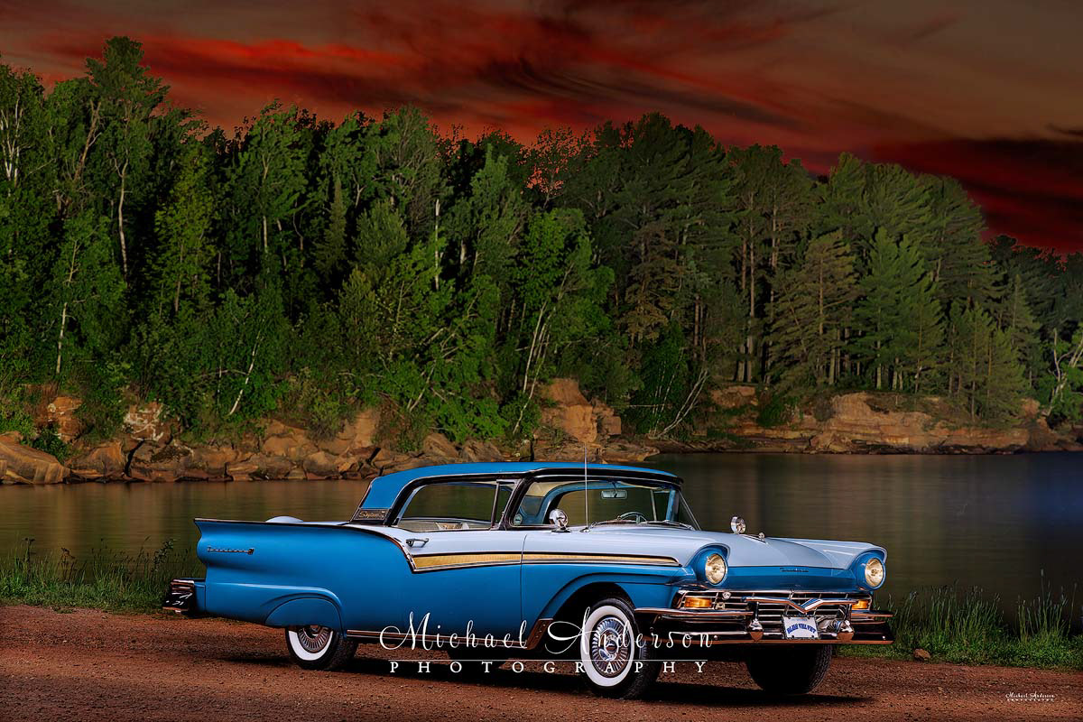 A pretty light painted photograph of a 1957 Ford Fairlane 500 Skyliner on the shores of Lake Superior in Washburn, Wisconsin.