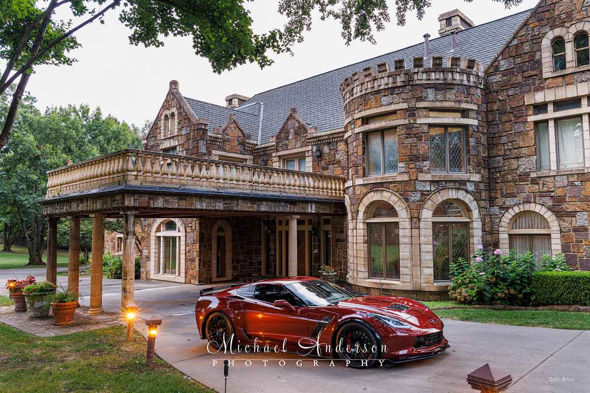 The set up photo for the light painting of a Long Beach Red 2016 C7 Corvette Z06 at a mansion in Oklahoma.