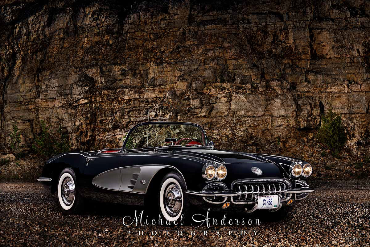 A beautiful light painting of a black and sliver 1958 C1 Corvette created in Lake of the Ozarks, Missouri.