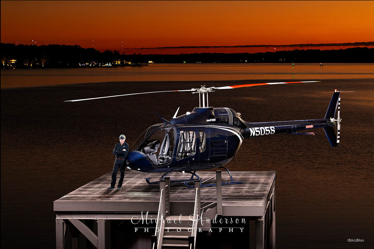 A beautiful light painted photograph of Bell 505 Jet Ranger X Helicopter N505S, and its pilot. Image was created on a helipad on Lake Norman, North Carolina.