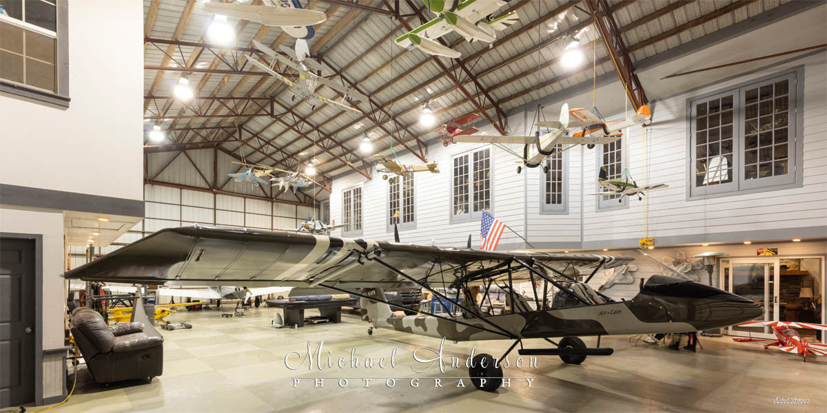 The setup photo of AirCam N74TV just prior to light painting it and the hangar.