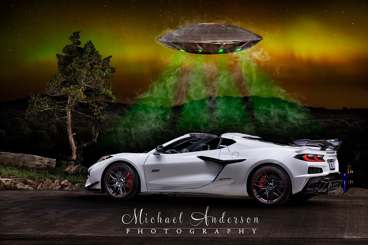 A cool light painted photograph of a 2023 Corvette Z06 and the flying saucer from the Hollywood hit movie, "Men In Black".
