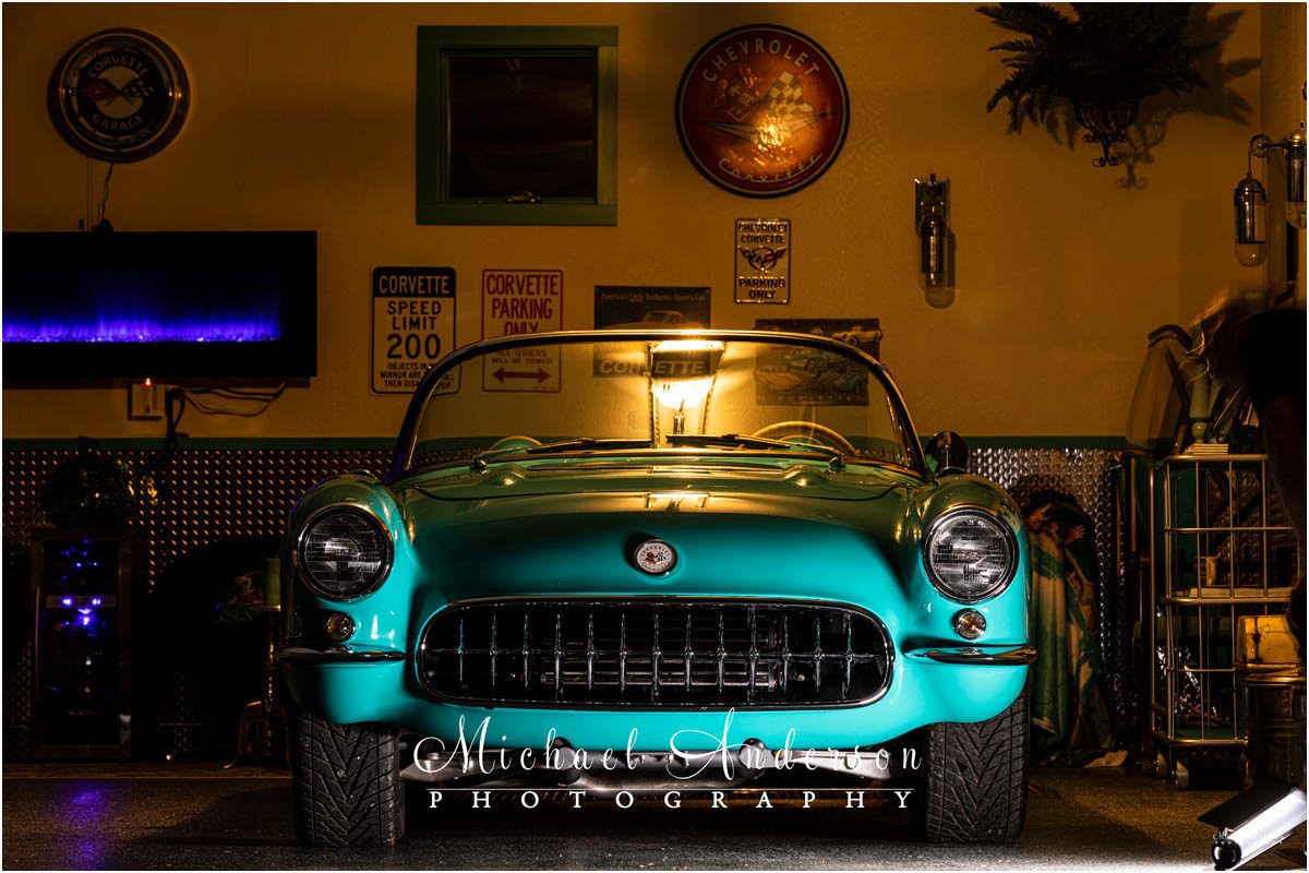 The pre-light painting photo of a '57 Corvette Convertible in a matching "She Shed".