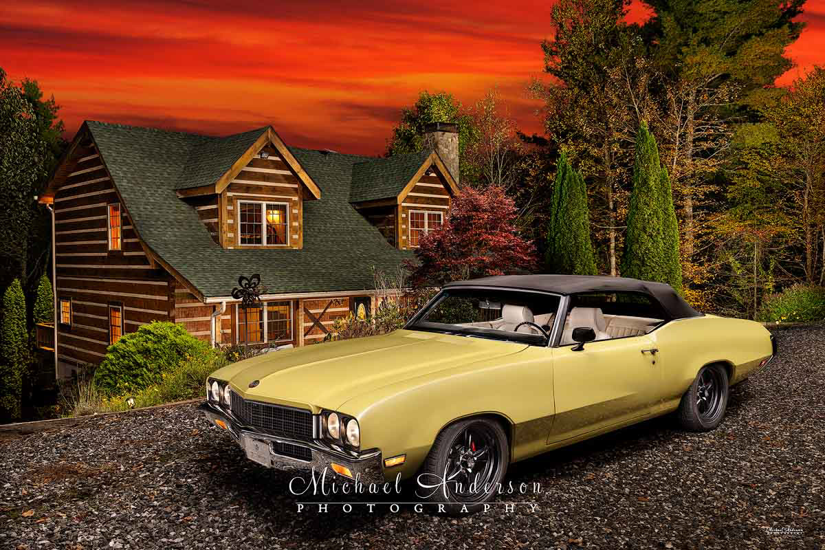 A beautiful light painted photograph of a 1972 Buick Skylark Convertible at a cabin in the woods.
