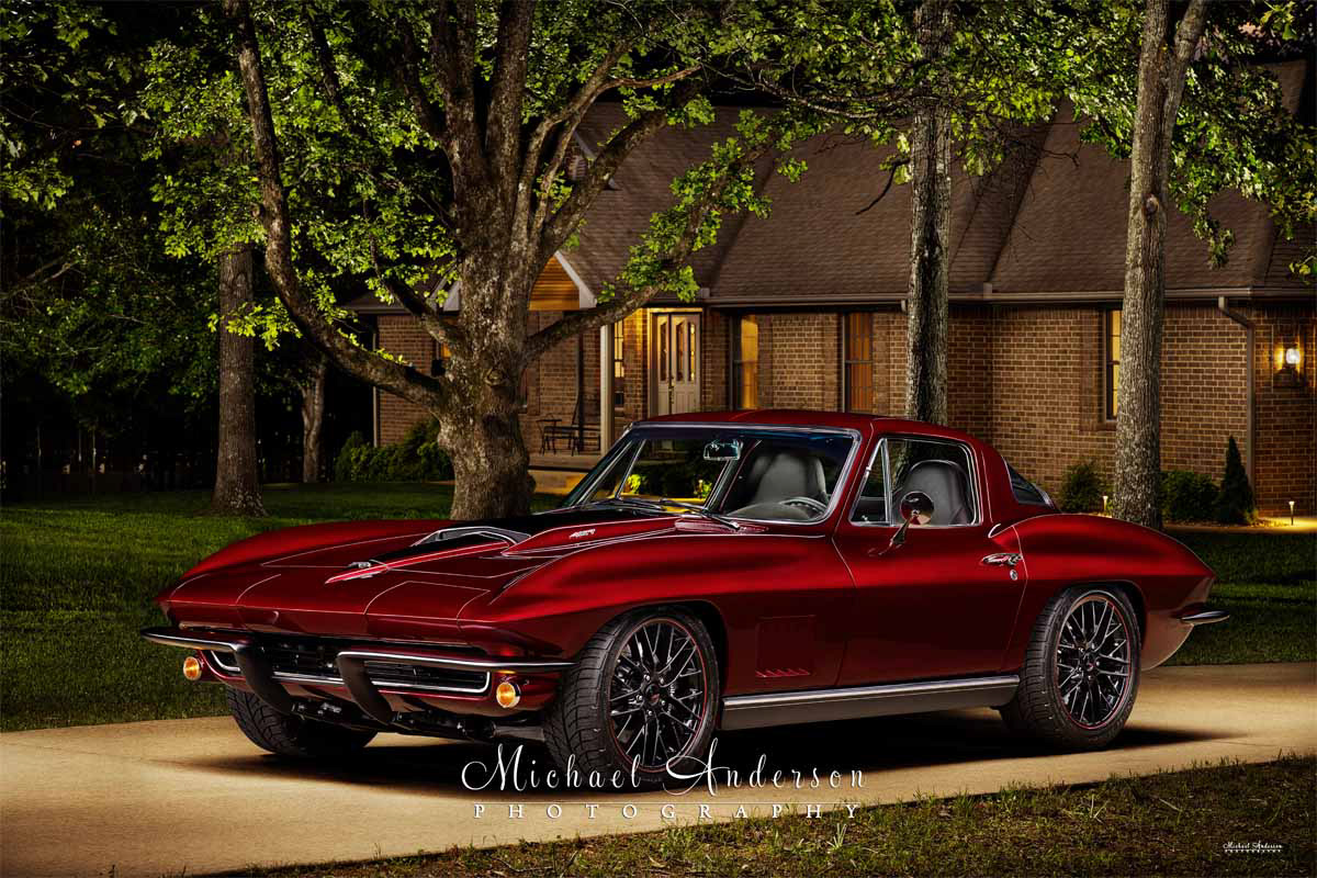 A stunning light painted photograph of a 1967 C2 Corvette Resto-Mod Coupe and the client's home.