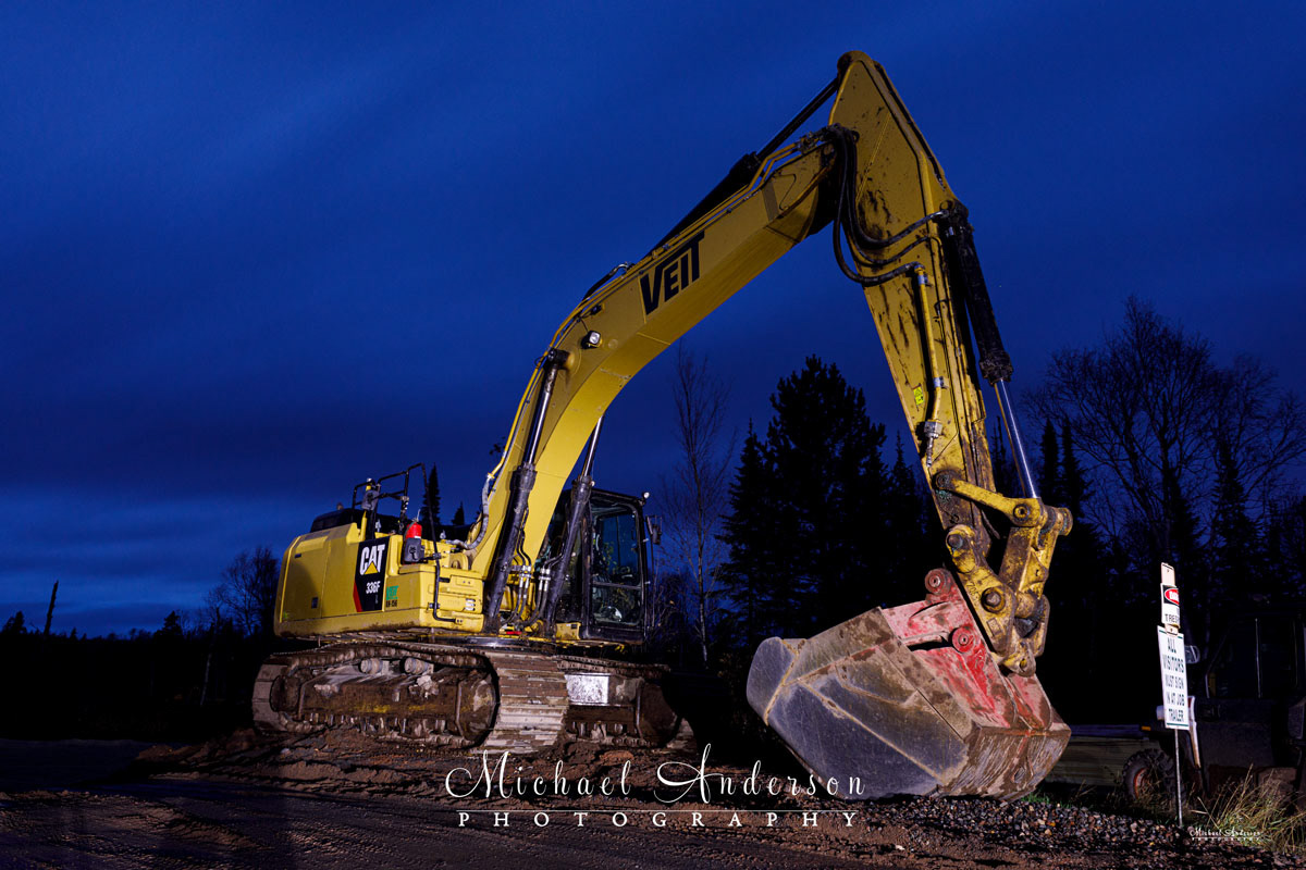 Photo of a Caterpillar 336F Excavator prior to light painting it. Photo was taken on the north shore of Lake Superior.