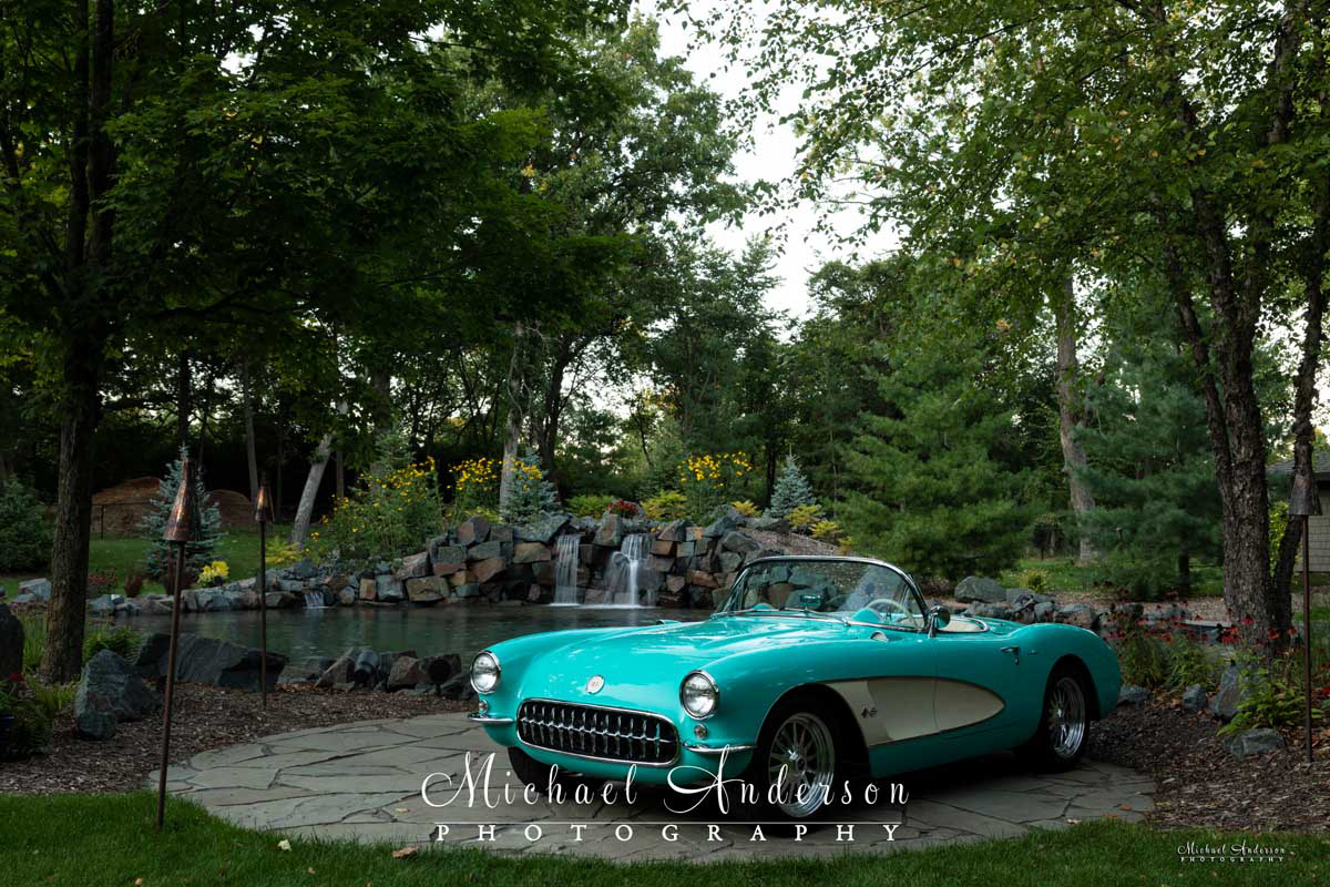 The set-up shot, prior to light painting, of a mint condition 1957 C1 Corvette Convertible in Cascade Green with beige.
