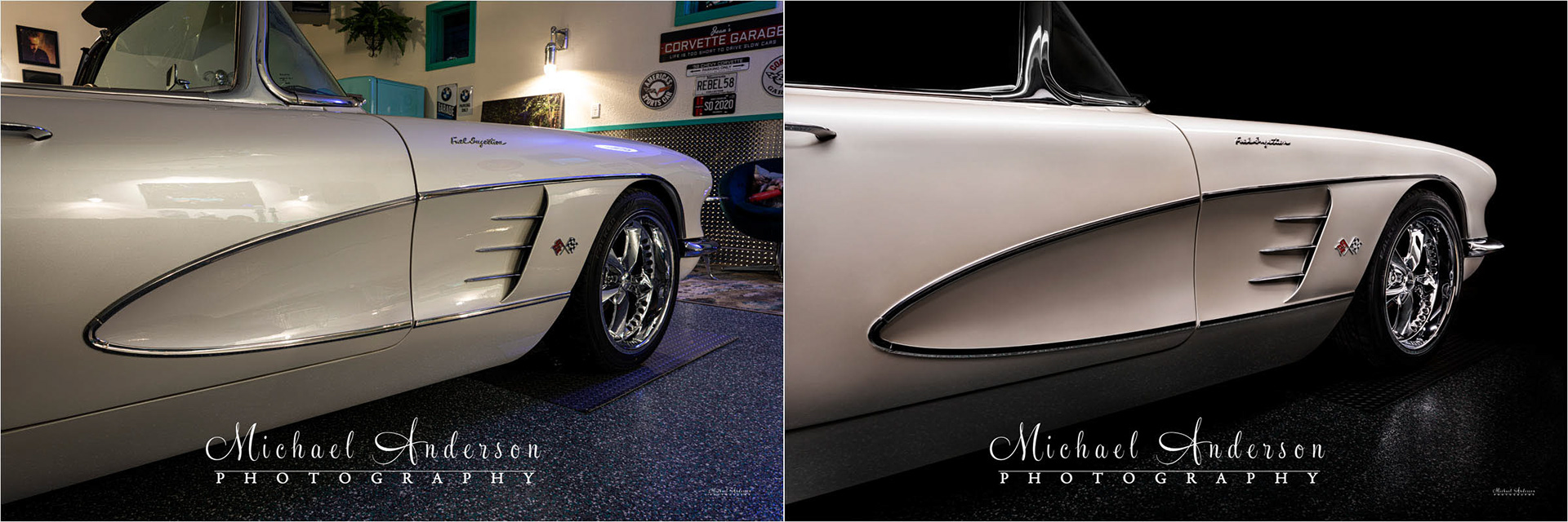 A before and after light painted photo of a 1958 C1 Corvette's "Cove".