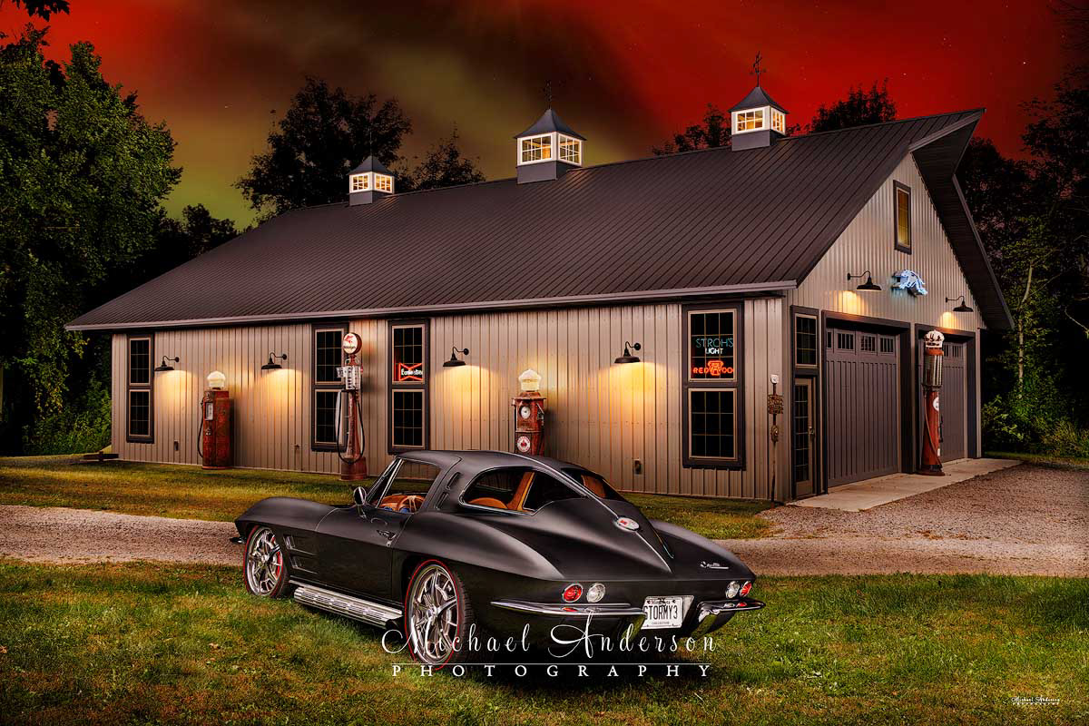 A pretty light painted photograph of a '63 "Split-Window" Corvette under the Northern Lights.