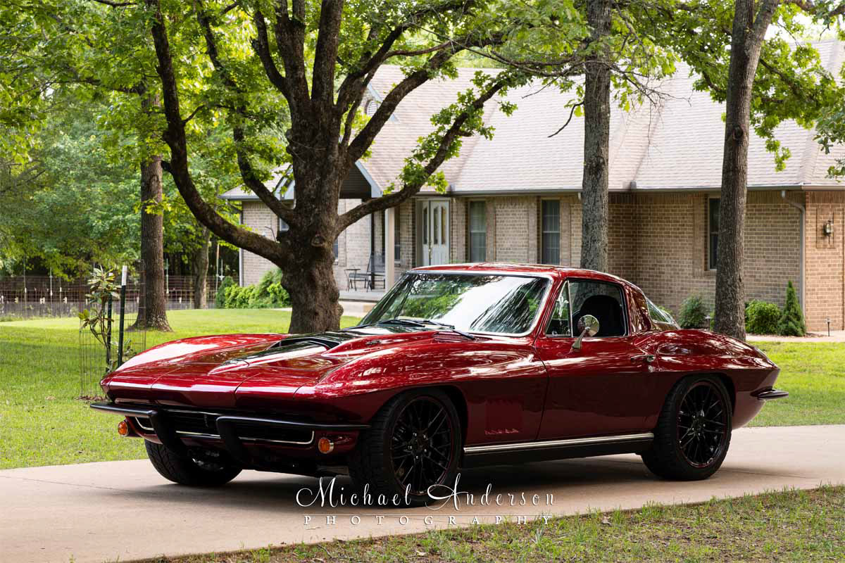 Behind-the-scenes photo of a 67 Corvette Coupe prior to light painting it.