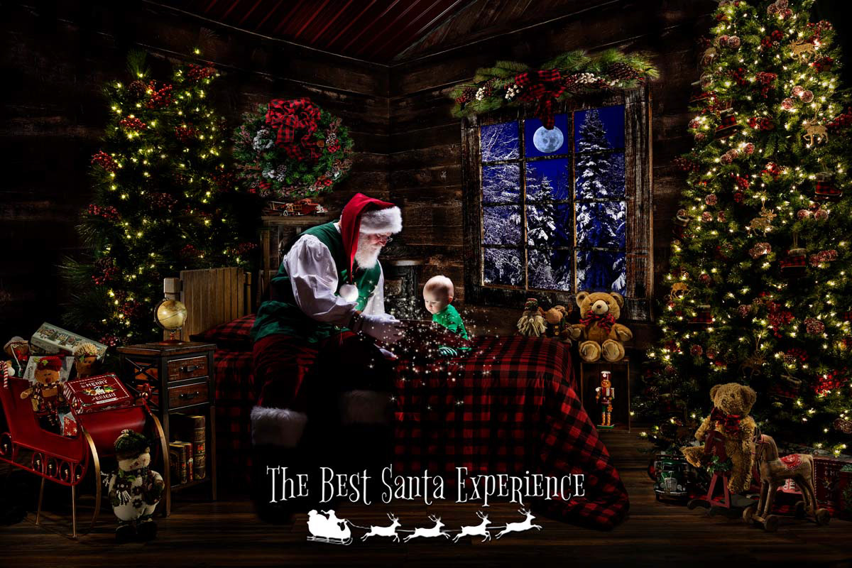 Santa Claus reads "The Night Before Christmas" to a cute little boy. This light painted photograph was created at The Best Santa Experience on their "Storytime with Santa" set.