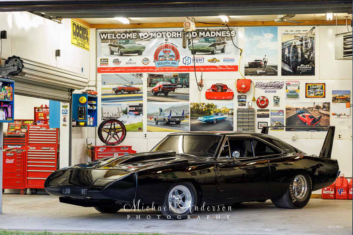 The setup photo for the light painting of a 1970 Dodge Charger 500 that's been converted into a 1969 Dodge Charger Daytona tribute car.