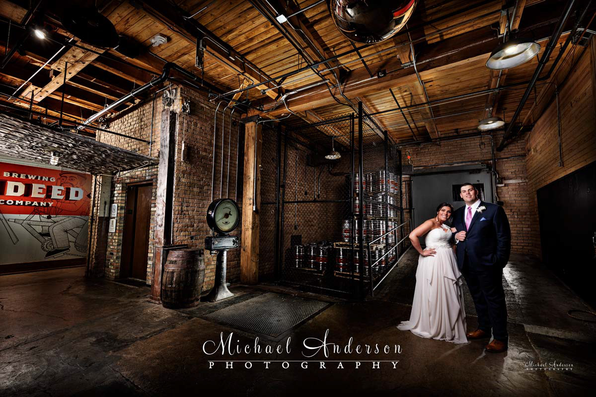 An unusual light painted wedding photograph of the bride and groom at the Solar Arts Building in Minneapolis, MN.