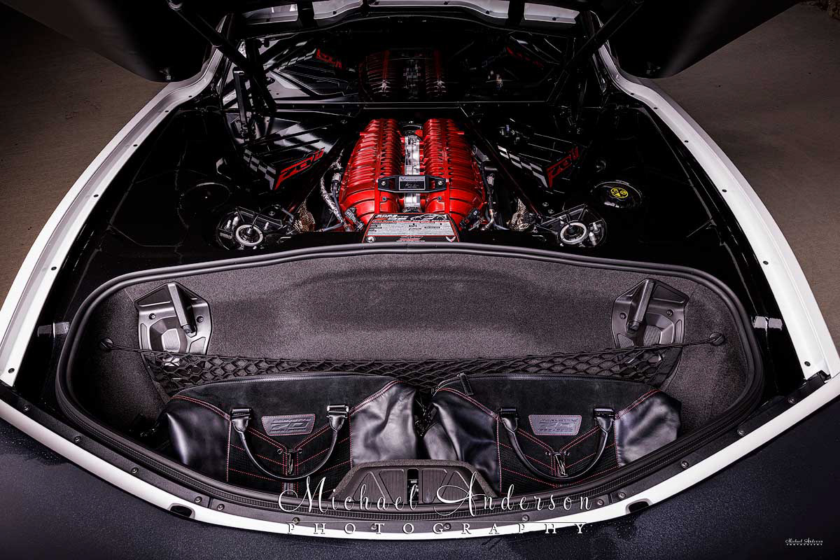 The set up photograph of the engine compartment of a 70th Anniversary Corvette Z06 before light painting it.