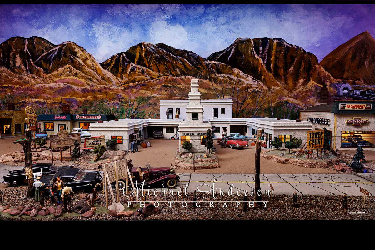 Part of a 3-image panorama of an amazing Route 66 diorama! This section features the Tower Court Motel as it looked like in the 1940's.