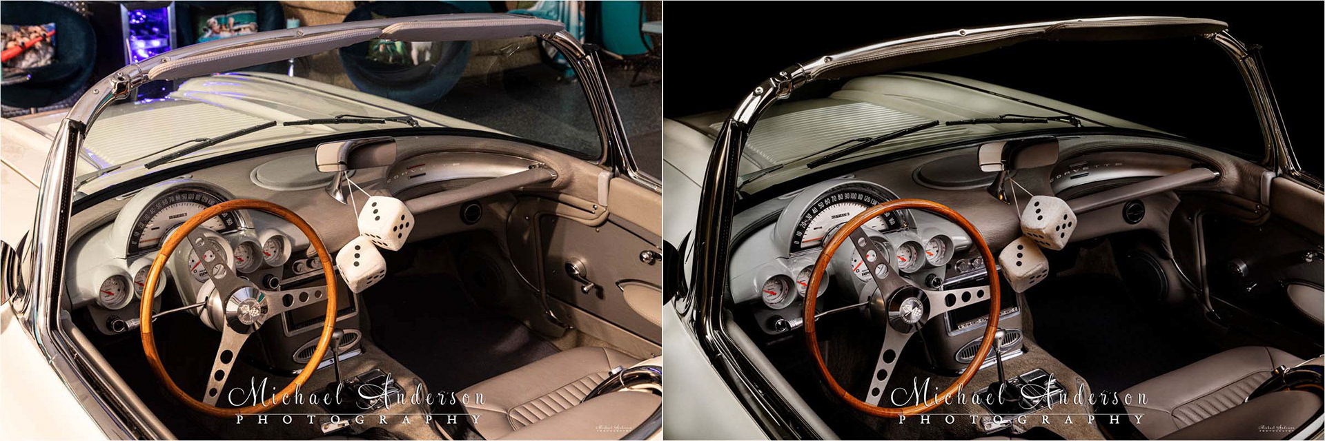 A before and after light painted photo of a 1958 C1 Corvette Convertible's interior.