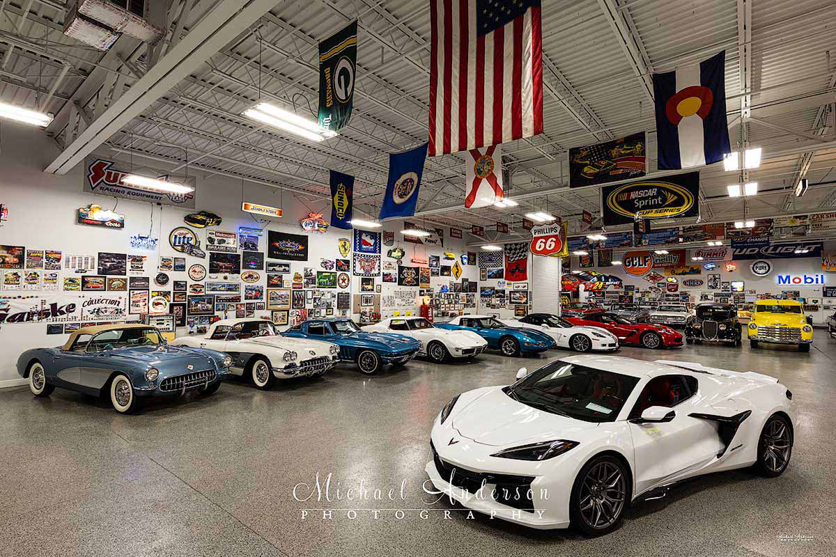 The setup shot for a 14-vehicle light painting project that included 8 Corvettes and NASCAR #24!