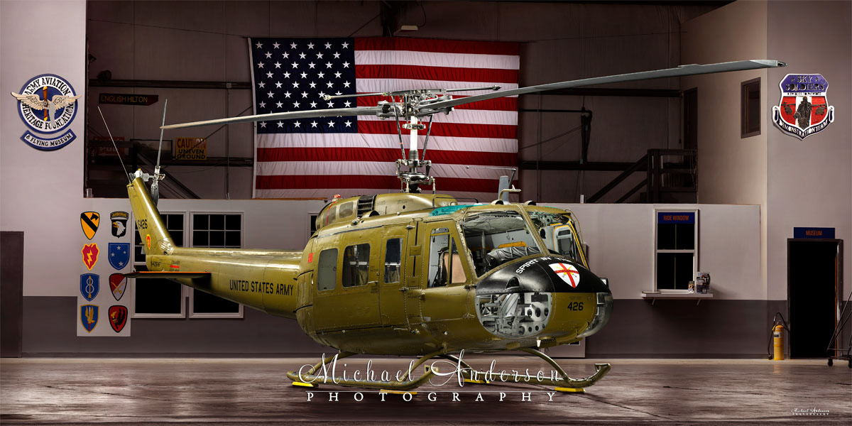 A stunning light painted photograph of UH-1H "Huey" N426HF created at the Army Aviation Heritage Foundation & Flying Museum in Hampton, Georgia.
