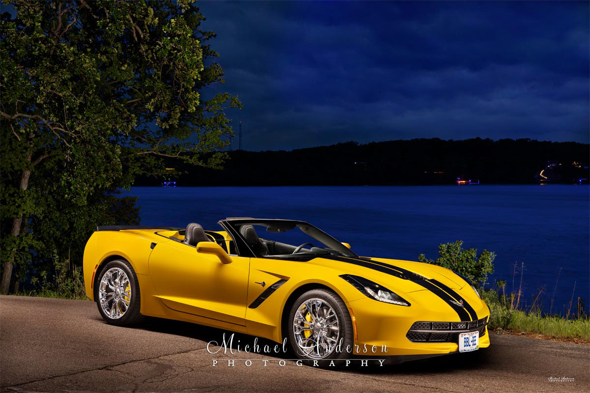 A beautiful light painted photo of a 2014 “Bumble Bee” Yellow Stingray Convertible.
