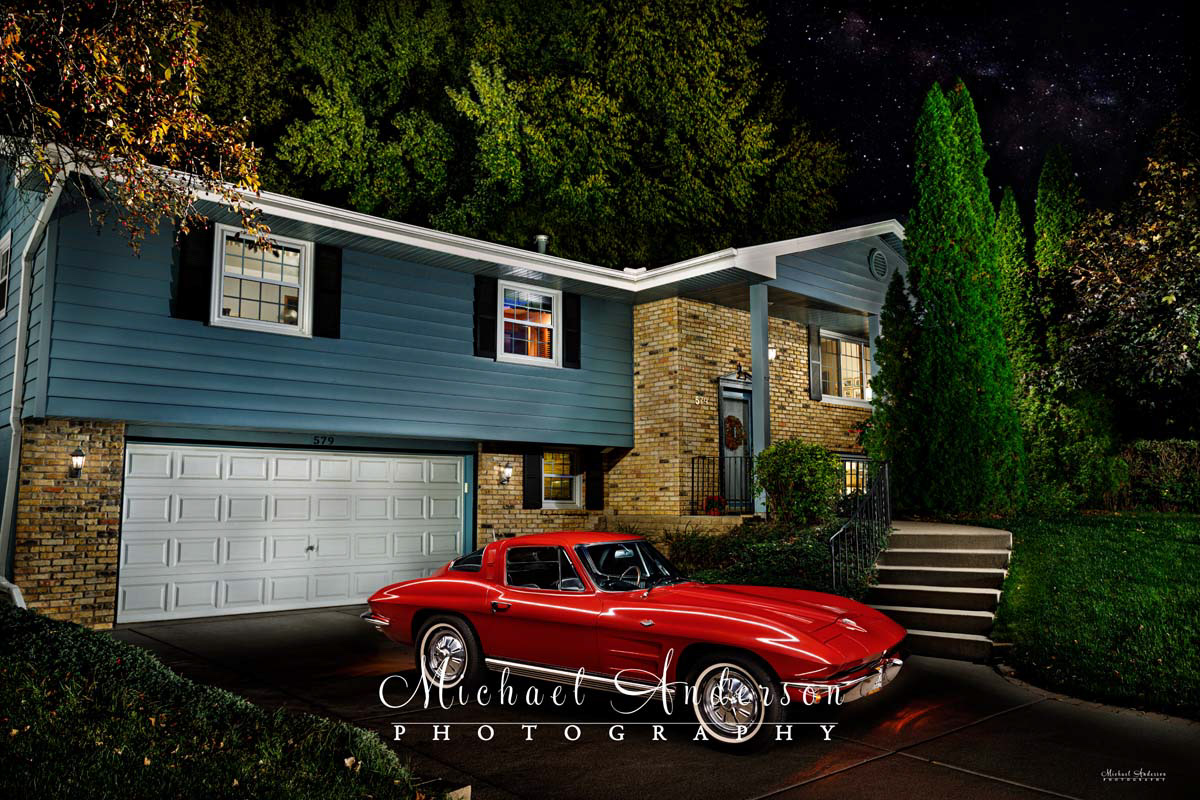 A cool light painted photograph of a 1964 Corvette Sting Ray as well as the clients home.
