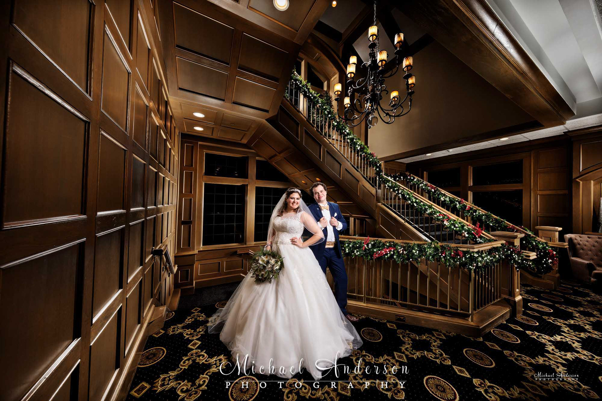 A pretty light painted wedding photograph created by the Grand Staircase at Rush Creek Golf Club in Maple Grove, MN.