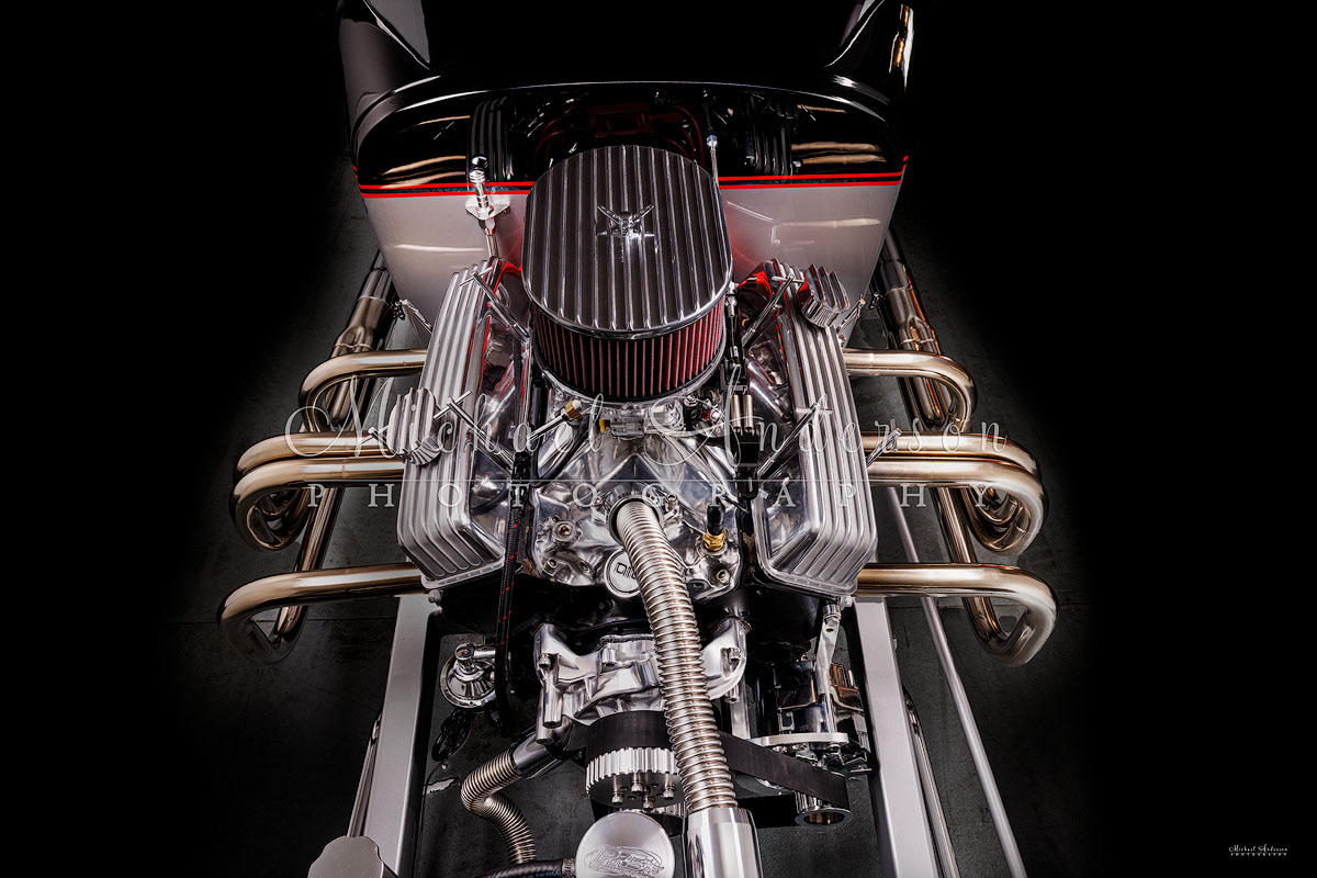Light painted photograph, front view, of the engine bay of a 1927 Spirit T Roadster.
