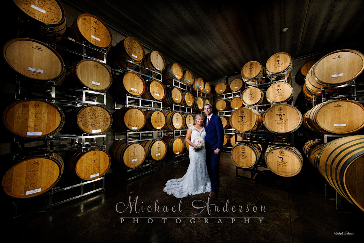 A cool light painted wedding photograph created in the Barrel Room at 7 Vines Vineyard in Dellwood, MN.