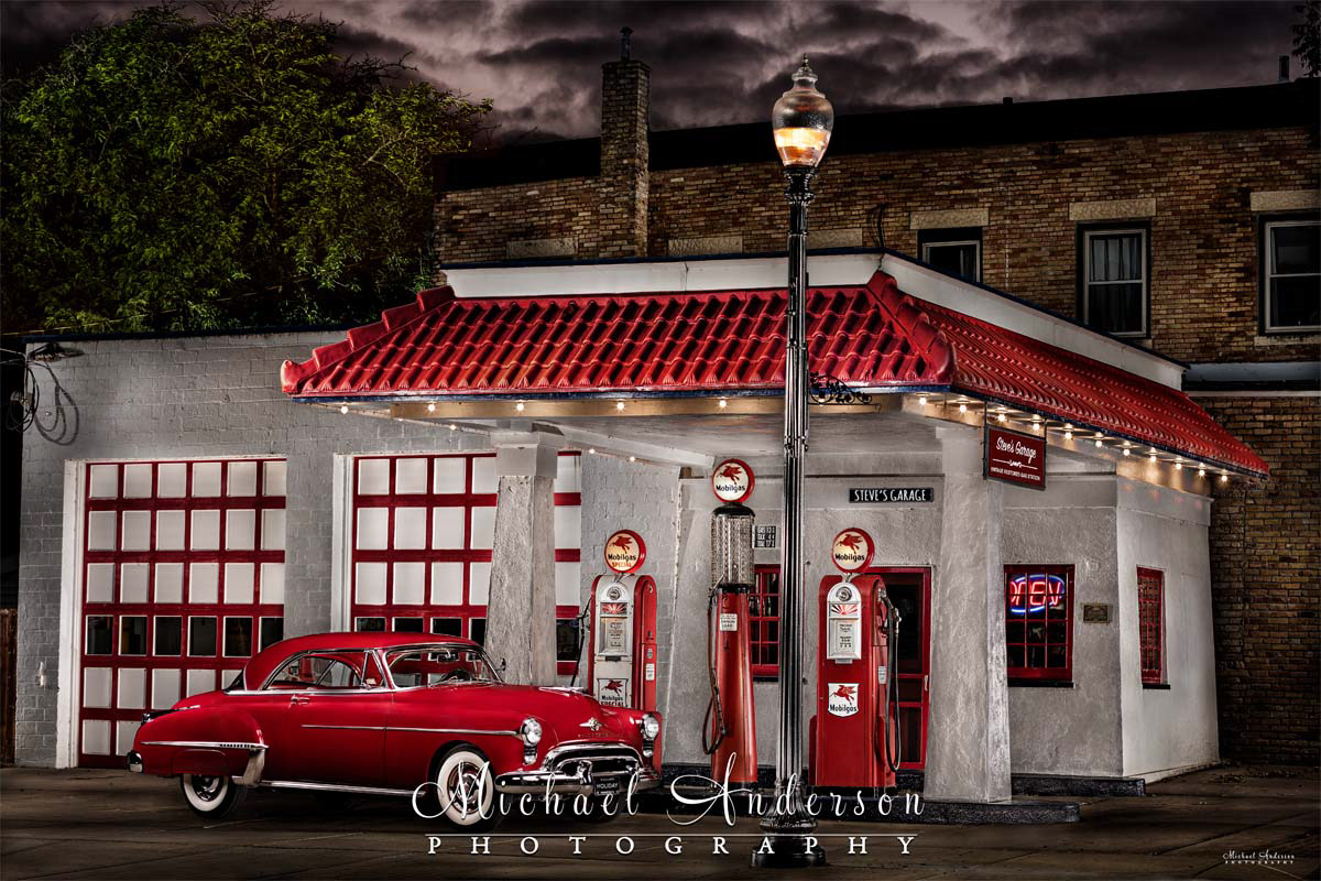 A cool light painted photograph of a 1950 Oldsmobile 88 Holiday Coupe created at Gregg's Garage Vintage Restored Gas Station in Carver, MN.