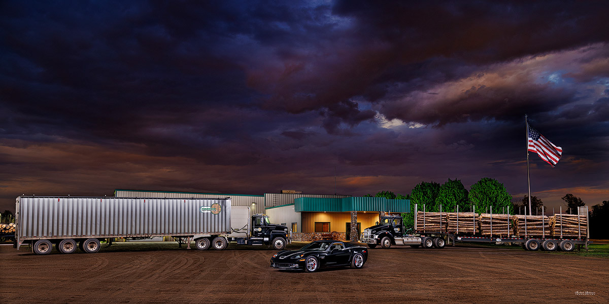 A unique combination of light painted vehicles, a 2023 Kenworth T880, a 2024 Mack P164T, and a 2006 Corvette Z06!