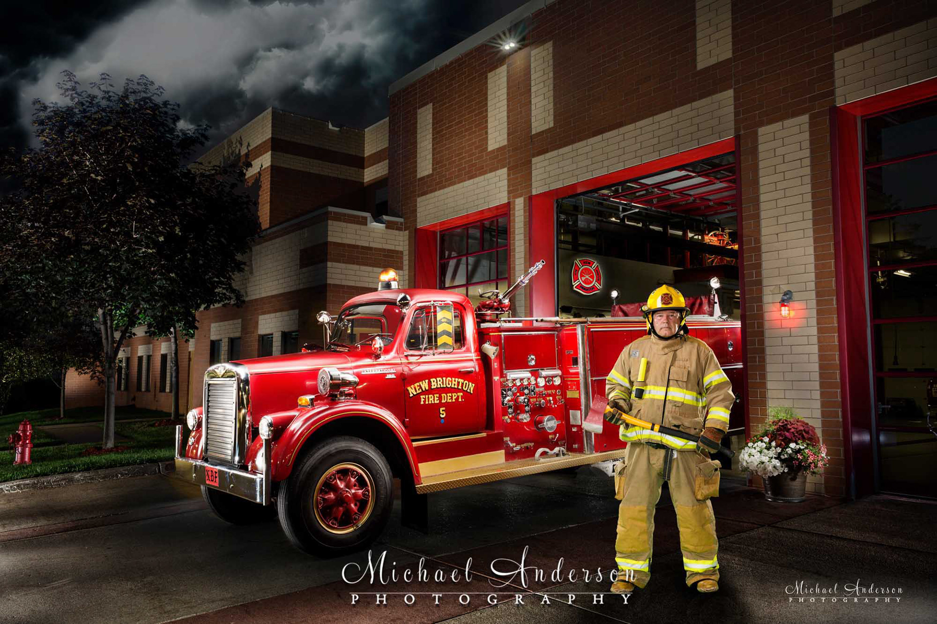Light painted photo of New Brighton Fire Engine #5 with a firefighter
