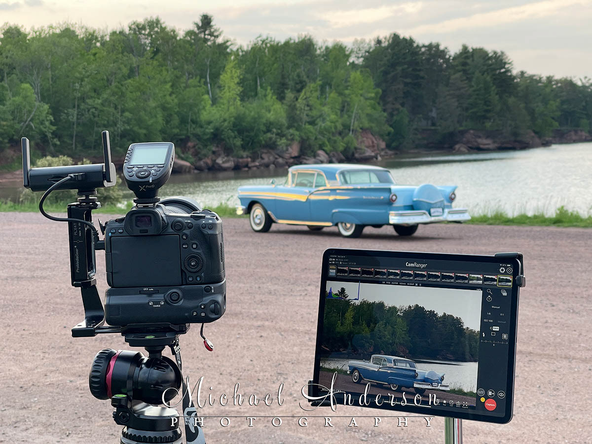 Behind-the-scenes look at a 1957 Ford Fairlane 500 Skyliner prior to light painting it.