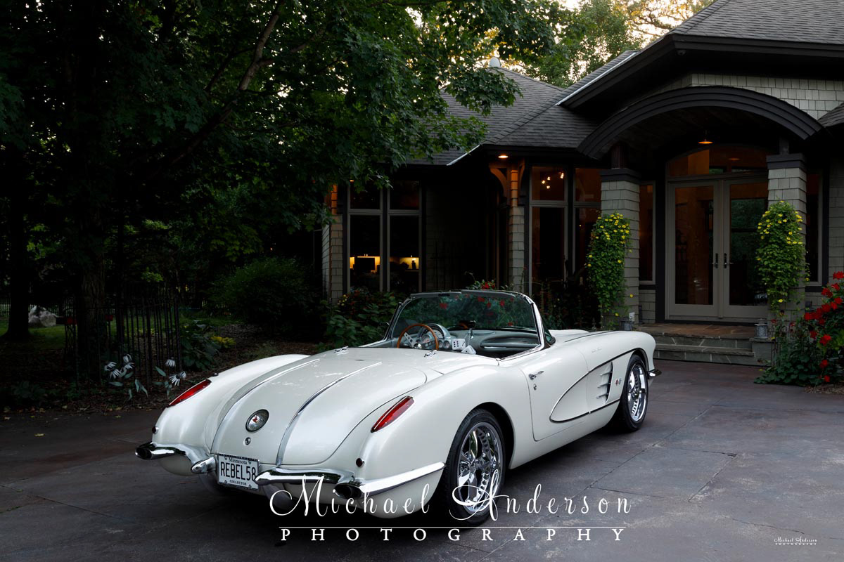 The set up photo of the rear end of a 1958 C1 Corvette prior to light painting it at the client's home.