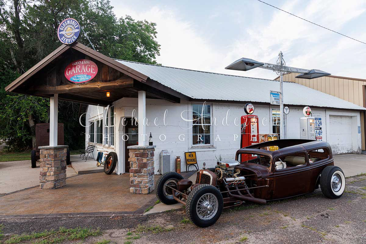 The setup photo, before creating a light painting of the entire scene, of a 1933 Chevy 2-Door Sedan Rat Rod light painting at Cahoon’s Garage in Dallas, Wisconsin.