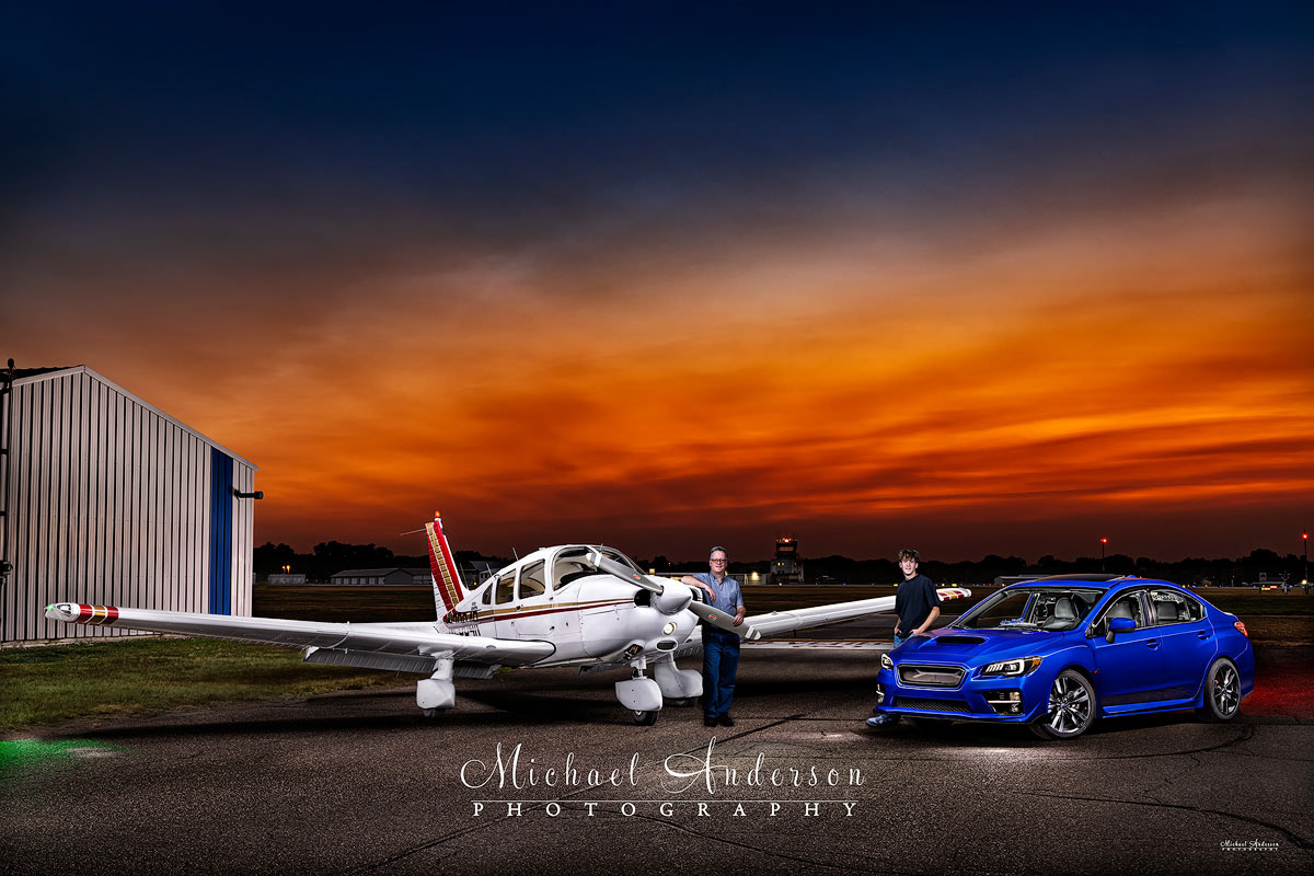 A pretty father-son light painted photograph of Eddie. In the image are the son’s 2017 Subaru WRX and the Piper Dakota that Dad flies. Images was created at Club Cherokee located at the Crystal Airport in Crystal, Minnesota.
