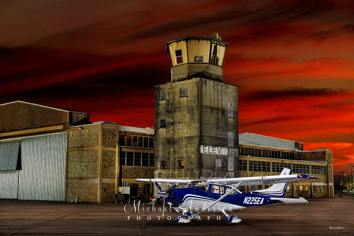 A pretty light painted photograph of Cessna 182 N225EA. The old hangar and Control Tower at RGV Wing Commemorative Airport in Los Fresnos, Texas was the location for this cool light painting project.