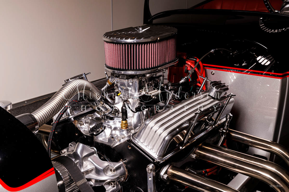 Photograph of the engine of a 1927 Spirit T Roadster (replica of a Ford Model T Roadster) prior to light painting it in its travel trailer.