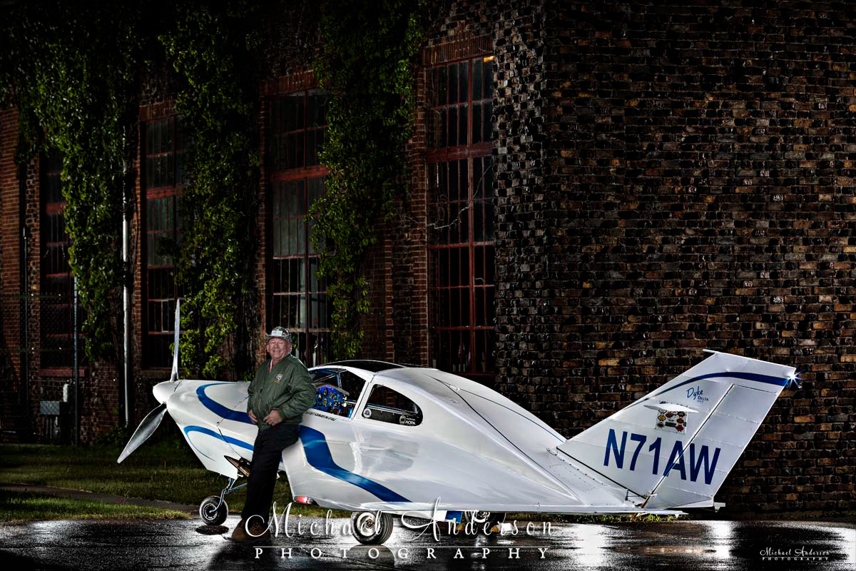 Light painted photograph of Alan White with his self-built Experimental Aircraft, Dyke Delta N71AW, at Richard I Bong Airport in Superior, WI.